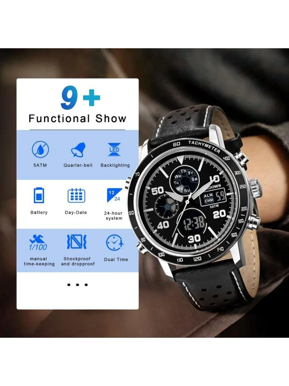 Men's All Black Analog Leather Waterproof Military Multifunctional Digital Watch